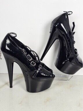 Penthouse Black Patent Strappy Peep Toe Platform Stripper Heels, Sz 5